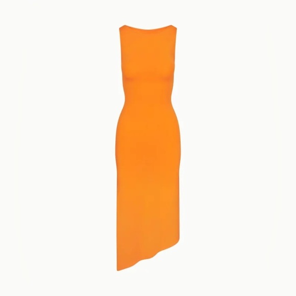 KHY Sheer Boatneck Asymmetrical Modal Jersey Midi Dress in Orange Size XXS NEW - Picture 1 of 8